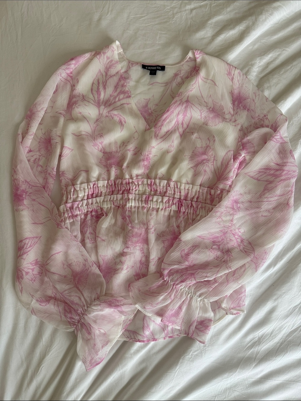 Express White and Pink Floral V-Neck Peplum Blouse
